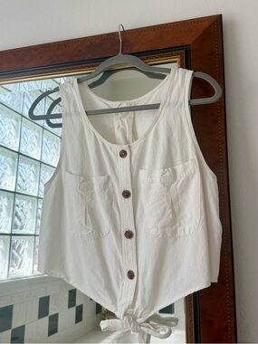 By Together | Linen Cream Button-Front Tie Hem Tank Top